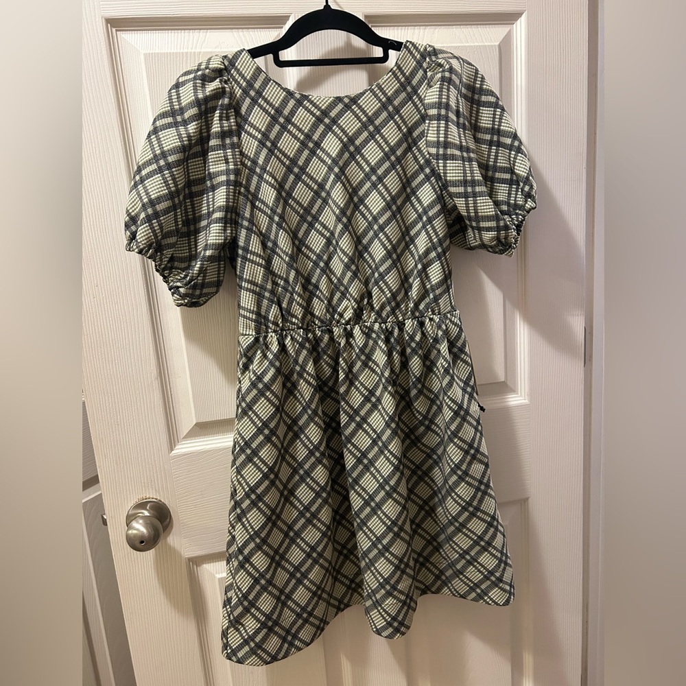 Line And Dot Small Lisa Olive Green Plaid Open Back Puff Sleeve Mini Dress NWT